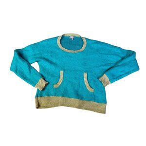 Juicy Couture XS Teal & Gold Sweater With Front Pockets Ribbed Trim